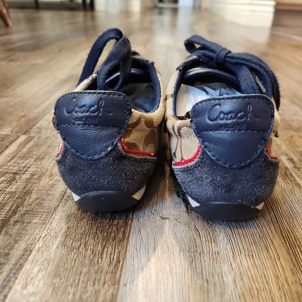 Coach Devin Signature Monogram Navy Suede Tan Canvas Low Top Sneakers 5.5 Logo